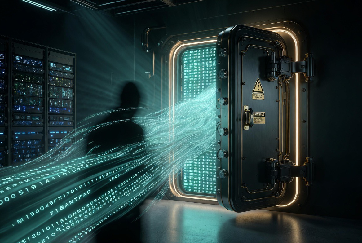 Data flowing through an open vault door