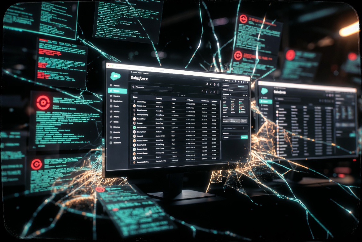 Employee at computer unaware of shadow figure behind — social engineering threat