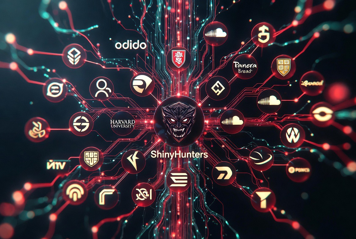 ShinyHunters network map showing Odido, Harvard, Panera Bread, SoundCloud and other victims connected to central demon face