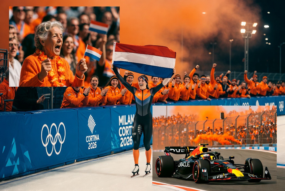 The Dutch subcollective in full force, speedskating gold, Formula 1 orange smoke, three generations in Oranje. You do not need to know anyone in this crowd to feel exactly what they feel.