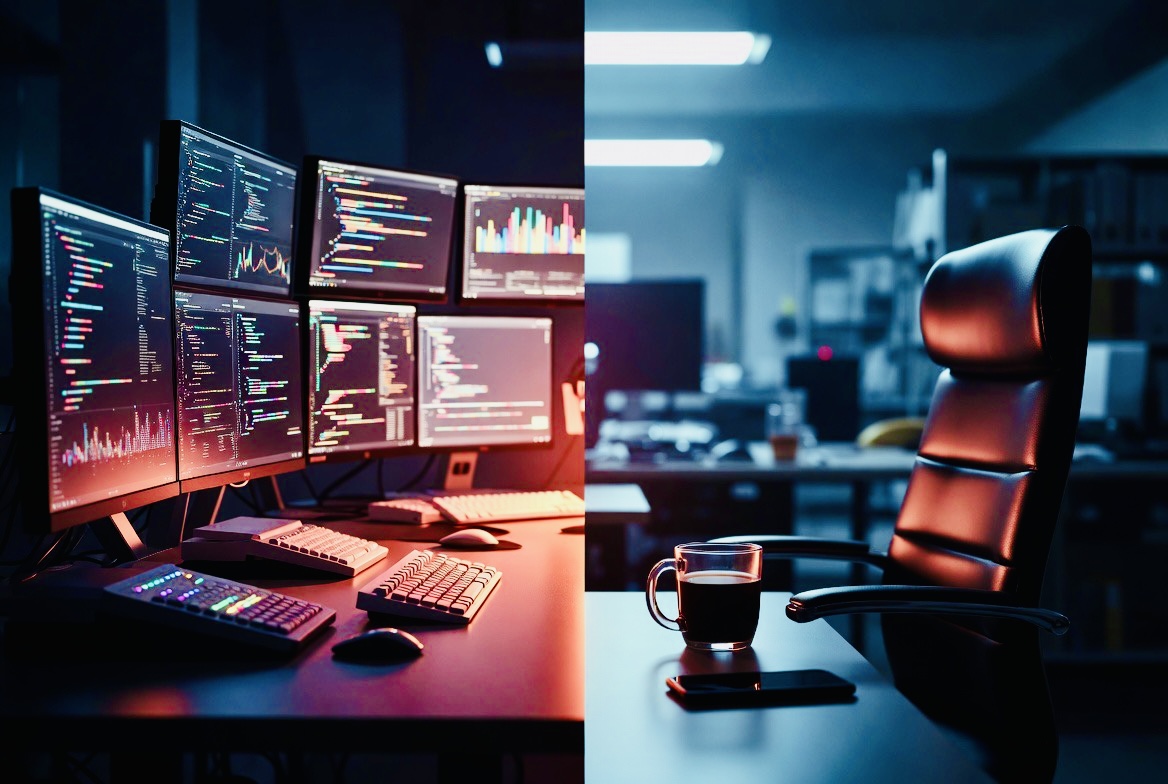 A sleek digital workspace on one side. An empty chair, cold coffee, phone face-down on the other.