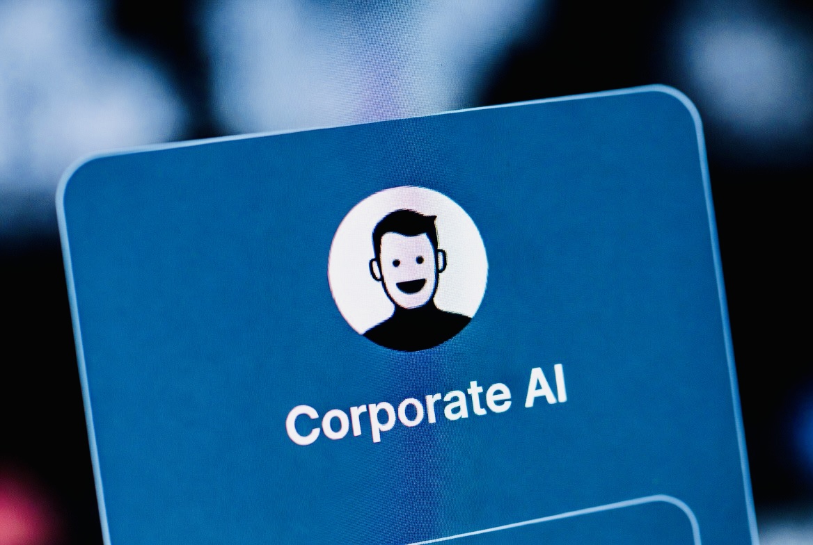 A chatbot interface on a cold blue screen, corporate, polished, smiling in the way that only software smiles.