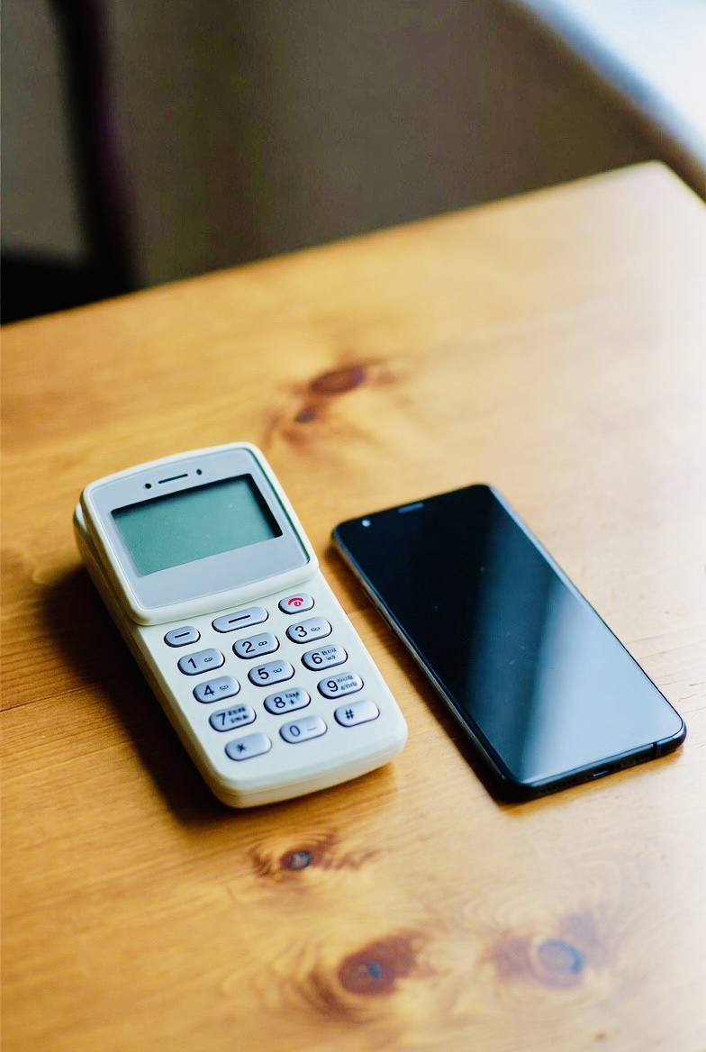 A basic handset next to a switched-off smartphone. The choice has been made. The quiet is deliberate.