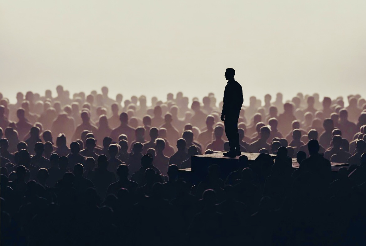A single figure positioned at a slight remove from the crowd. Watching the group rather than participating.