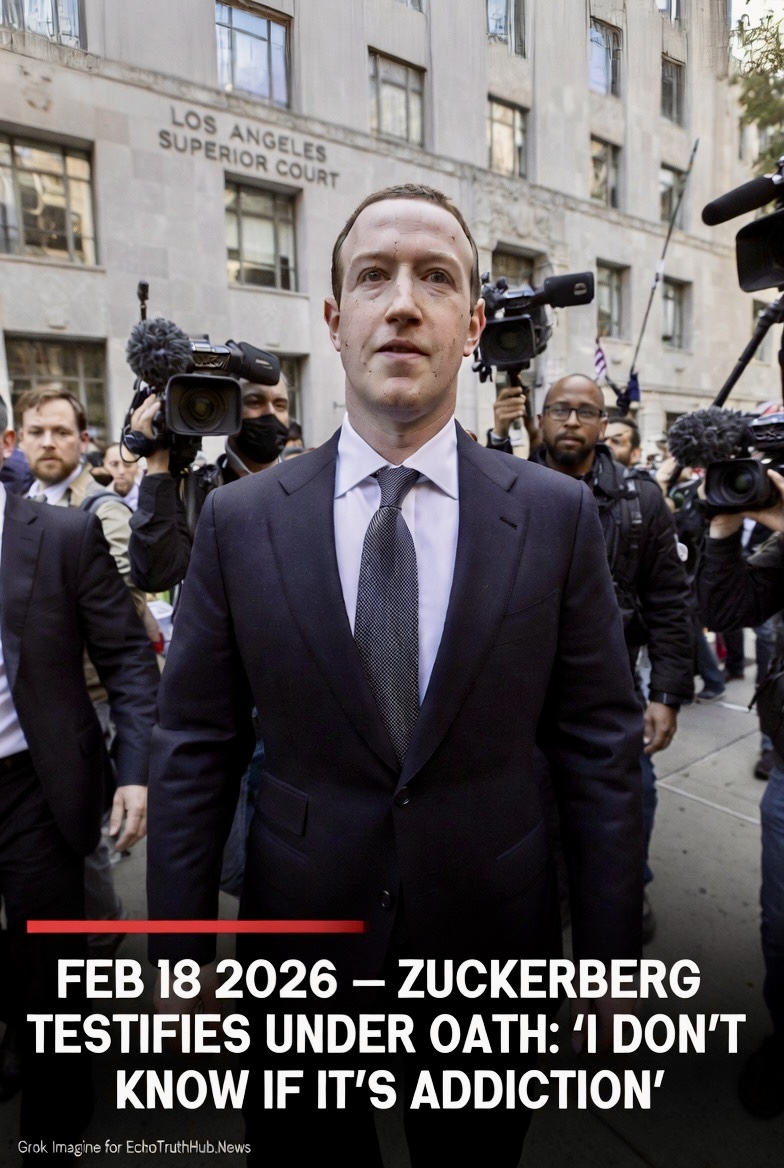 Mark Zuckerberg arriving at Los Angeles Superior Court surrounded by media during the February 18, 2026 social media trial